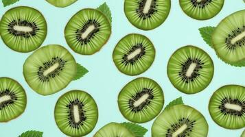 AI generated Slices of kiwi fruit and green mint leaves on a light pastel blue background. AI Generated photo