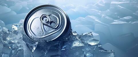 AI generated Top of drink tin can iced submerged in frost ice, metal aluminum beverage. Generative AI photo