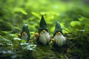 AI generated Toy Irish gnomes in a mystery forest, abstract green natural background. Generative AI photo