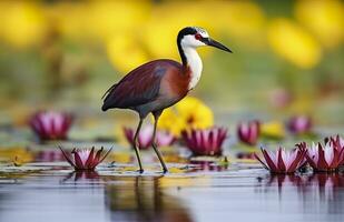 AI generated Colorful African wader with long toes next to violet water lily in water. Generative AI photo