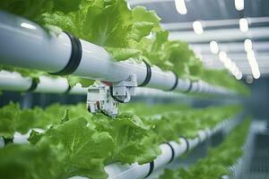 ai generado automático agrícola tecnología con de cerca ver de robótico brazo cosecha lechuga en vertical hidropónico planta. ai generado foto