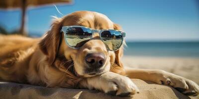 AI generated Golden Retriever dog is on summer vacation at seaside resort and relaxing rest on summer beach of Hawaii. AI Generative photo