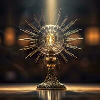 AI generated The golden monstrance with a little transparent crystal center, consecrated host. church defocused background. AI Generative photo