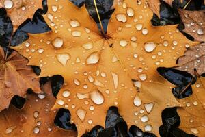 AI generated Close up of fallen leaves on ground in autumn covered in raindrops. Generative AI. photo