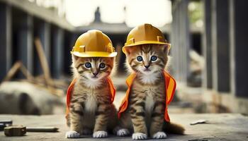 ai generado dos gatitos vistiendo difícil sombreros en un construcción sitio. generativo ai foto