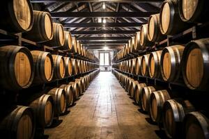 AI generated Wooden oak Port barrels in neat rows. AI Generated photo