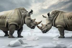 ai generado dos rinoceronte consiguiendo Listo para lucha en hielo. ai generado foto