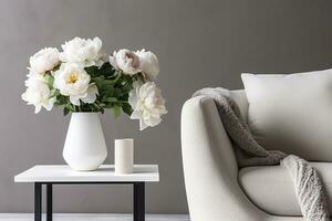 AI generated Vase of white peonies with coffee table and armchair near grey wall. Generative AI photo