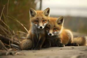 AI generated Wild baby red foxes cuddling at the beach. Generative AI photo