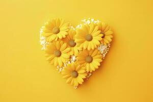 AI generated Yellow Heart Shaped By Yellow Daisies Over Yellow Background. AI Generated photo