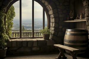 AI generated Barrel in an ancient castle beside the window. AI Generated photo