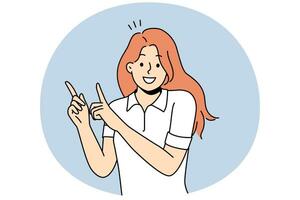 Smiling young woman point up at good deal or offer. Happy girl show with fingers up recommend good sale or discount. Copy space. Vector illustration.