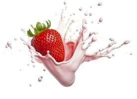 AI generated milk or yogurt splash with strawberries isolated on white background, 3d rendering. AI Generated photo