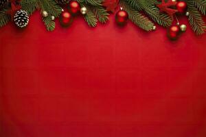 AI generated Christmas or New Year red background with fir decor. AI Generated photo