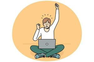 Excited young man use laptop triumph with good news or message online. Happy guy feel emotional celebrate success or promotion. Vector illustration.