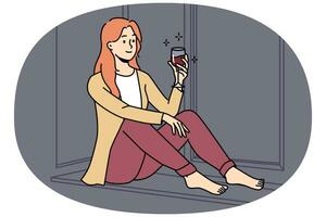 Happy young woman sit on windowsill at home relax with glass of red wine. Smiling girl rest indoors on weekend with drink. Relaxation. Vector illustration.