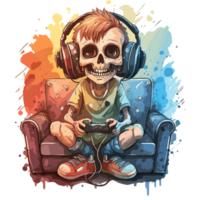 AI generated watercolor graphics skeleton in headphones playing game png