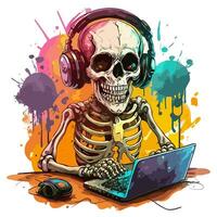 AI generated watercolor graphics skeleton in headphones playing game photo