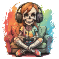 AI generated watercolor graphics skeleton in headphones playing game png