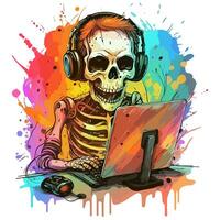 AI generated watercolor graphics skeleton in headphones playing game photo