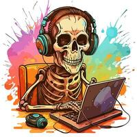 AI generated watercolor graphics skeleton in headphones playing game photo