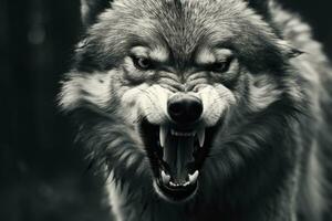 AI generated Greyscale closeup shot of an angry wolf with a blurred background. AI Generated photo