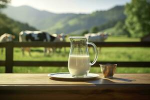 AI generated Glass pitcher with fresh milk on a wooden table. AI Generated photo