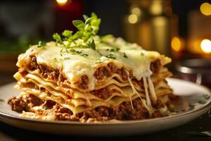 ai generado tradicional italiano comida lasaña con carne salsa. ai generado foto