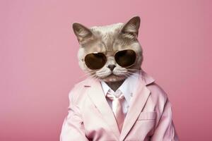 ai generado un gato es vistiendo Gafas de sol y traje en rosado antecedentes. ai generado foto