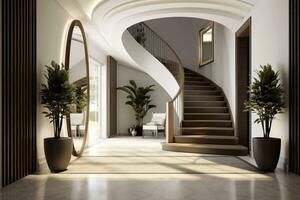 ai generado el interior diseño de el moderno Entrada salón con un escalera en el villa. ai generado foto