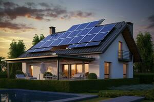 AI generated Modern house with blue solar panels on the roof. End of the day, sunset. AI Generated photo