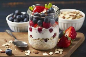 AI generated Mixed berries overnight oats with almond flakes in a glass jar, healthy breakfast.  AI Generated photo