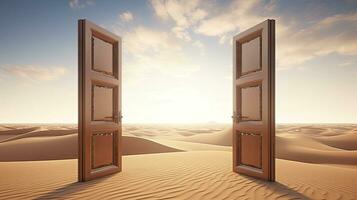 AI generated The opened door on the desert. Unknown and start up concept. AI Generated. photo