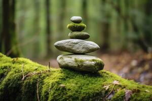 AI generated Pyramid stones balance on old mossy fallen tree. AI Generated photo