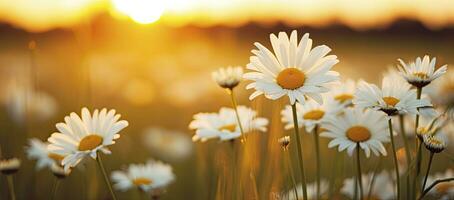 AI generated The landscape of white daisy blooms in a field with the focus. AI Generated. photo