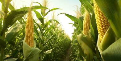 AI generated Closeup corn cobs in corn plantation field. Generative AI photo