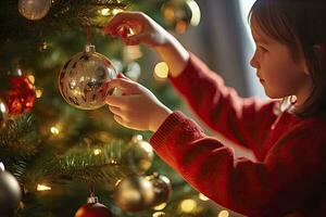 ai generado niño decorando Navidad árbol de cerca. ai generado foto