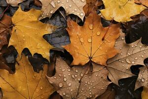 AI generated Close up of fallen leaves on ground in autumn covered in raindrops. Generative AI. photo