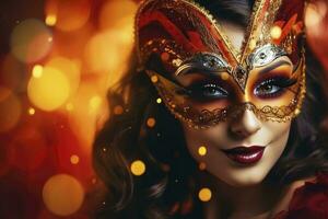 ai generado un joven mujer adornado en un carnaval máscara en contra un festivo carnaval antecedentes. foto