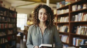 ai generado un Universidad estudiante comprometido en libro buscar en medio de biblioteca estantes. foto