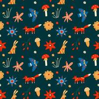 Seamless pattern with north forest flowers and animals on dark background vector