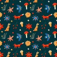 Seamless pattern with north forest flowers and animals on dark background vector