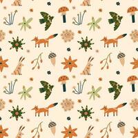 Seamless pattern with nordic flowers and animals vector