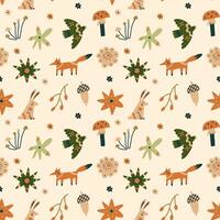 Seamless pattern with nordic flowers and animals vector