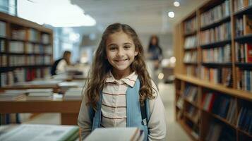 AI generated 10 year old girl student in a light sweater stands in a bookstore among the shelves with books. Back to school concept. photo