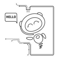 Chat bot icon line drawing.Chat bot with smartphone says hello linear icon.AI technology.Talkbot online.Virtual assistant.Outline symbol. Vector black and white illustration.Online helper line drawing