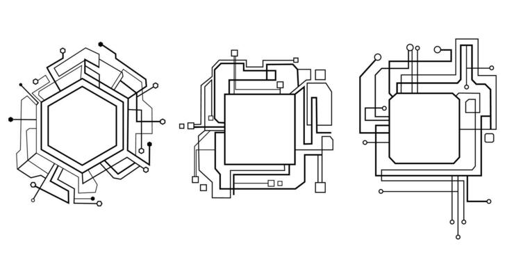 Technological futuristic frames for science fiction set line drawing.Frames,icons for text with a pattern of microcircuits.Element for the web,brochure, presentation or infographic.Vector illustration