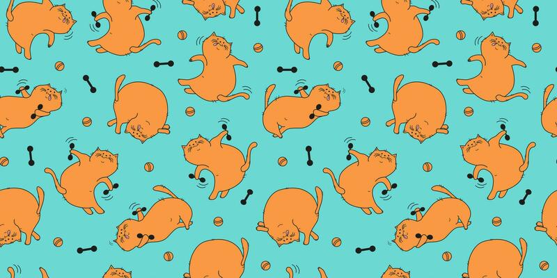 Pattern. Cartoon Sport cat. Set of pets, balls. Fat happy cats do gymnastics. Domestic cat with dumbbells, yoga pose. Body positivity. Doodle. Vector illustration. Seamless background.