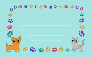 Frame. Cartoon dog, cat, footprints, paw prints of the animal. Ornaments, icons with pets. Vector background for print design . Card with space for text. Pet products. Pet notice banner concept