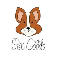 Portrait Cartoon Dog. Products, Pet food, drawing. Calligraphy, hand lettering. Paw print. Cute dog muzzle. Corgi breed. Banner, logo. Vector illustration on isolated background.